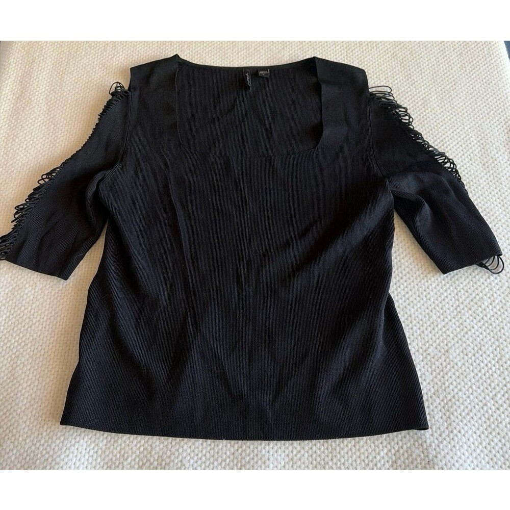 VENIZI Black Cold Shoulder Fringe Sleeve Top Women’s L Ribbed Textured